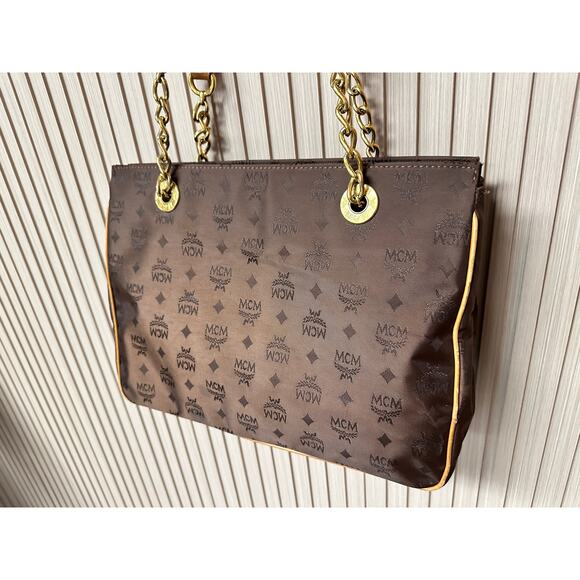 MCM Visetos Nylon Leather Logo Shoulder Tote Bag Brown Large Chain Straps - Picture 8 of 16